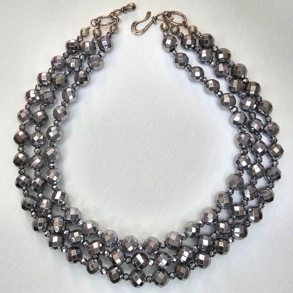 Faceted Silver Hematite Sterling Silver Multi Strand Bib Necklace, 17” - Picture 3 of 10